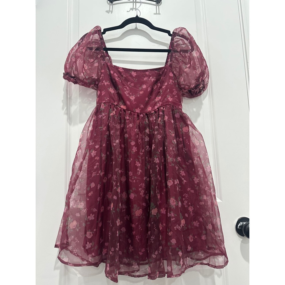 Altar'd State Burgundy Floral Organza Babydoll Dress Puff Sleeve Smocked Small